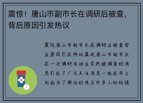 震惊！唐山市副市长在调研后被查，背后原因引发热议